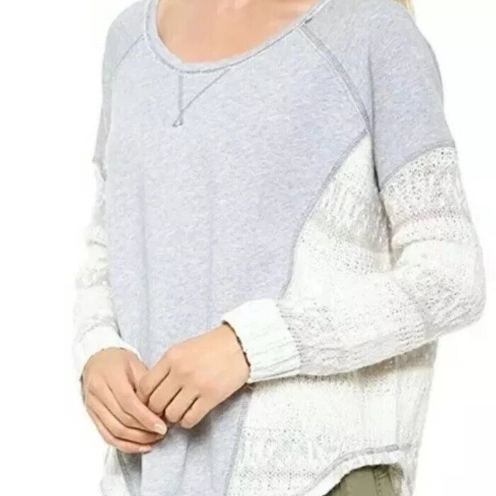 Free People Gray & Ivory Embroidered Inserts Slouchy Sweatshirt Tunic Size L